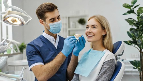 AI generated, A dentist treats a young woman, Blonde, 30, 35, years, Dental treatment, Follow-up