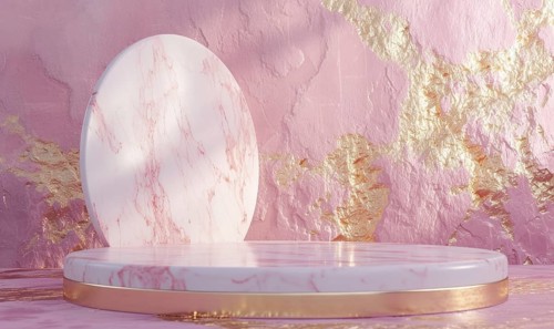 Pink marble podium with shadow of leaves and rose quartz texture background AI generated