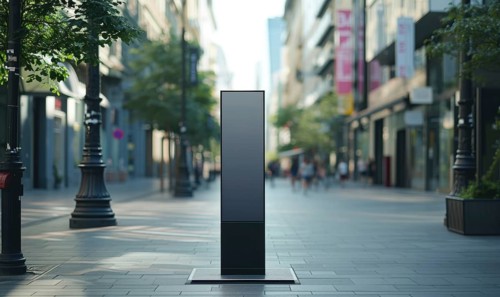 Blank street billboard on city street. Mock up of vertical advertising stand in the street AI