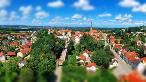 Aerial view of Dingolfing with a view of the historic town centre. Dingolfing, Lower Bavaria,