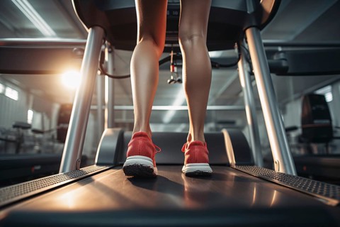 Back view of woman's legs in sport shoes on tread mill. KI generiert, generiert AI generated