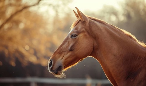 Horse captured in golden hour sunlight, with a calm profile view AI generated