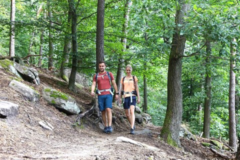 Symbolic image: Young couple hiking in the Palatinate Forest, here on the fifth stage of the