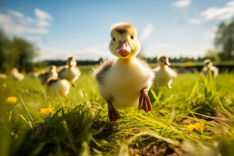 A close-up of a cute duckling standing in a sunlit meadow, with other ducklings and wildflowers in