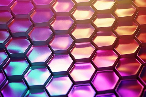 Gradient honeycomb pattern illuminated with vibrant colors. Ideal for backgrounds, wallpapers, and