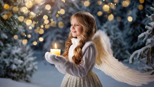 AI generated, girl, angel, winter, snow, ice, firs, snowy, snowflakes, winter landscape, costume,