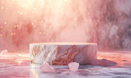 Pink marble podium with shadow of leaves and rose quartz texture background AI generated