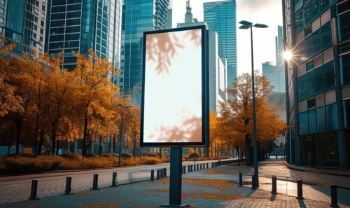 Blank street billboard on city street. Mock up of vertical advertising stand in the street AI