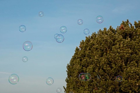Soap bubbles multicoloured film of soapy water next to each other in front of blue sky and green