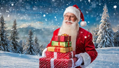 AI generated, man, 70+, Father Christmas, red coat, backpack, full beard, winter, snow, ice, fir
