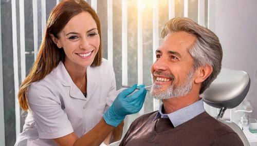 AI generated, dentist treats an attractive older man, senior, seniors, 65, dentist, blonde, 30, 35,