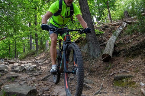 Mountain biker on a rocky spot above Wolfsburg Castle in the Palatinate Forest, Germany, Europe