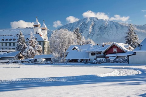 Winter landscape with Schlehdorf Monastery in front of the Jochberg 1567m, Schlehdorf, Lake Kochel,