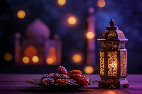Ramadan lantern to a plate of succulent figs in violet purple tones with mosque, set on an ornate