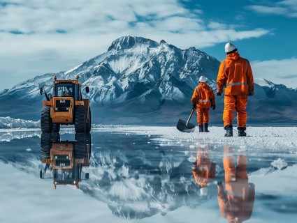 Lithium mining in a white salt lake in South America, AI generated
