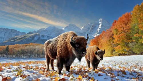 AI generated, animal, animals, mammal, mammals, biotope, habitat, two, bison, calf, autumn, onset