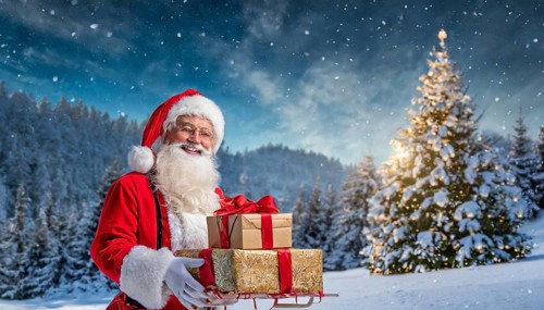 AI generated, man, 70+, Father Christmas, red coat, backpack, full beard, winter, snow, ice, fir
