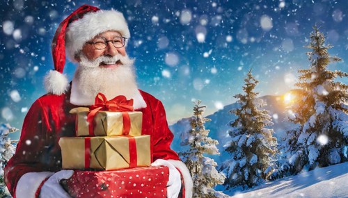 AI generated, man, 70+, Father Christmas, red coat, backpack, full beard, winter, snow, ice, fir