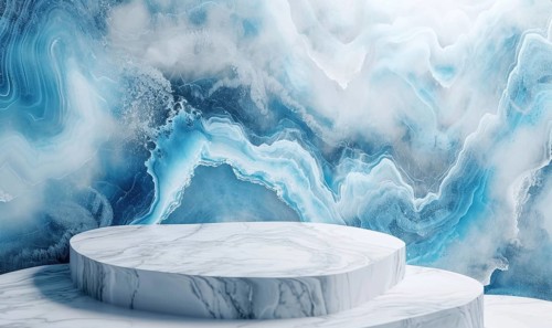 White marble podium and blue marble texture background. White marble podium and blue geode textured