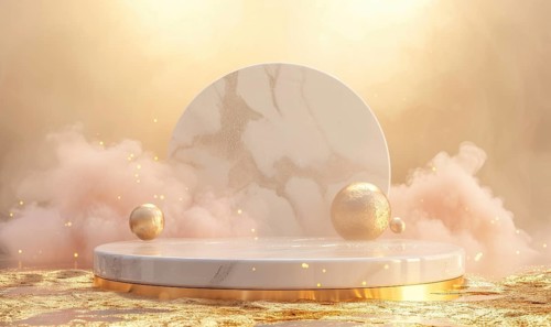 Podium for product presentation. Abstract background with empty round stage with gold decoration