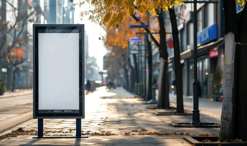 Blank street billboard on city street. Mock up of vertical advertising stand in the street AI