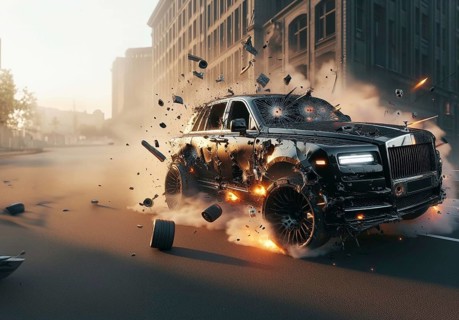 A british luxury SUV full of big caliber bullet holes is airborne amidst a chaotic scene of flying