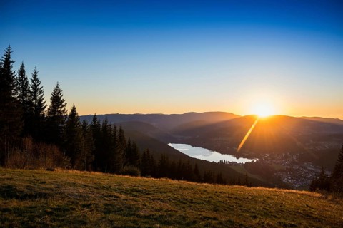 View from Hochfirst to Titisee and Feldberg, sunset, near Neustadt, Black Forest,