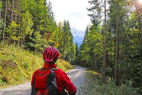 Mountain biker looks towards the Zugspitze in the background