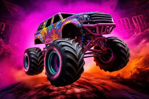 Monster truck with neon lighting, jumping off-road in cloud of dust. Excitement and thrill of an