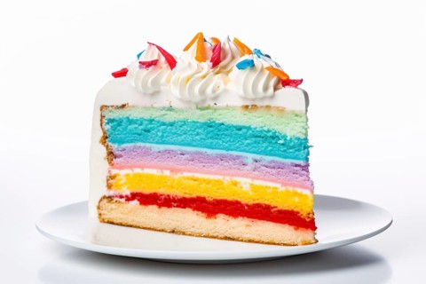 Rainbow colored layered slice of cake on plate. KI generiert, generiert AI generated