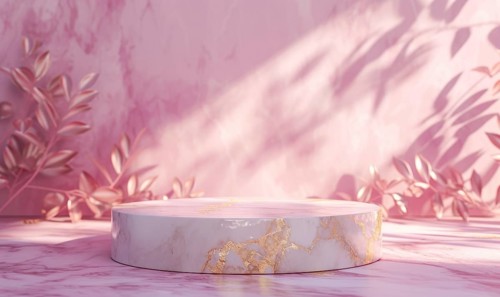 Pink marble podium with shadow of leaves and rose quartz texture background AI generated