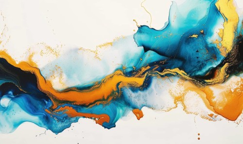 Blue and gold abstract acrylic background. Marbling artwork texture. Agate ripple pattern. Gold