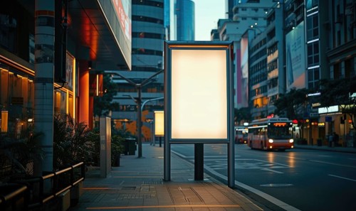 Blank street billboard on city street. Mock up of vertical advertising stand in the street AI