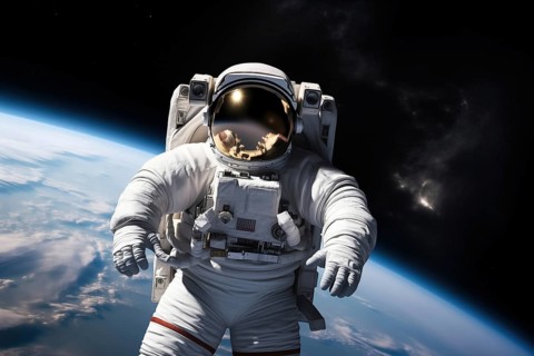 Astronaut Floating Above Earth in Space with extravehicular mobility unit and backpack. Wonder and