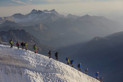 Mountaineer on glacier in the morning light, Group, Mont Blanc Massif, French Alps, Chamonix,
