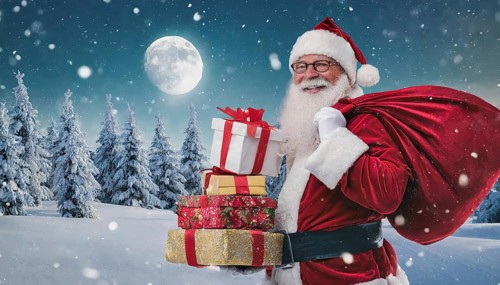 AI generated, man, 70+, Father Christmas, red coat, backpack, full beard, winter, snow, ice, fir