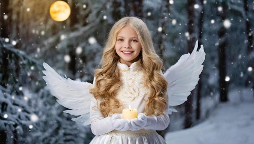 AI generated, girl, angel, winter, snow, ice, firs, snowy, snowflakes, winter landscape, costume,