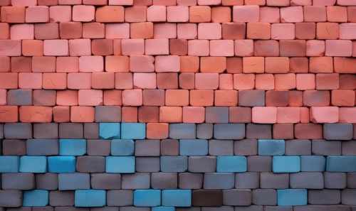 A wall with bricks transitioning in color from orange to blue, creating a gradient effect AI