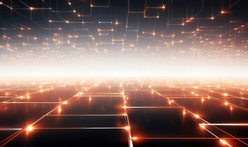 Digital abstract futuristic orange glowing grid with soft light in the distance AI generated