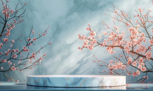 Cherry blossom tree branches and marble on blue background AI generated