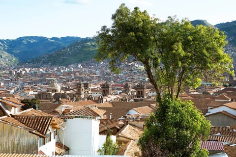 City view Cusco, in front the Cathedral of Cusco or the Cathedral Basilica of the Assumption of the