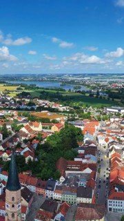 Aerial view of Dingolfing with a view of the historic town centre. Dingolfing, Lower Bavaria,