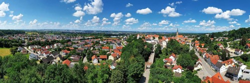 Aerial view of Dingolfing with a view of the historic town centre. Dingolfing, Lower Bavaria,