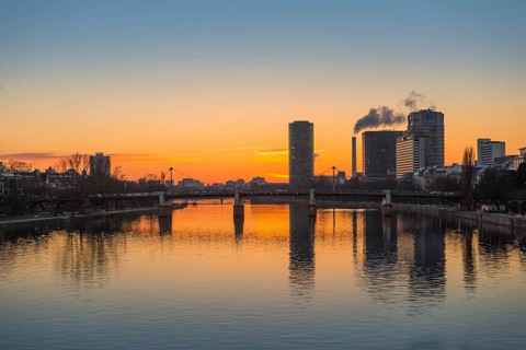 Sunset reflected in the Main near Frankfurt, Eiserner Steg, Frankfurt am Main, Hesse, Germany,