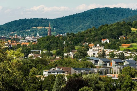 City view, in the foreground the Vauban neighbourhood, Freiburg im Breisgau, Black Forest,