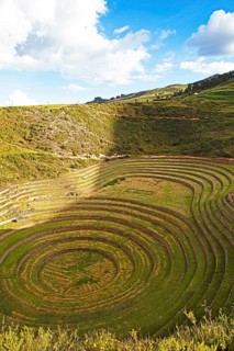 Terraces in the Inca complex Moray in Valle Sagrado, Maras, Cusco region, Peru, South America