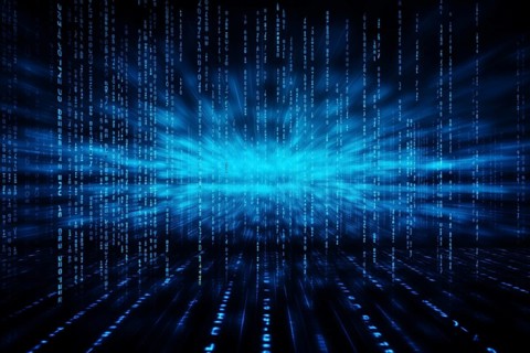 Blue dynamic digital data streams, showcasing flowing lines of code in a mesmerizing pattern, ideal