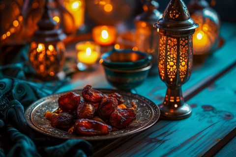 Ramadan lantern to a plate of succulent figs, set on an ornate table with intricate designs,