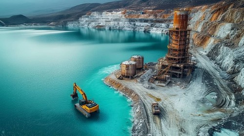 Lithium mining in a white salt lake in South America, AI generated