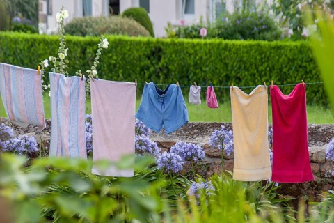 Laundry on a washing line in a garden, Ile de Brehat, Brittany, France, Europe